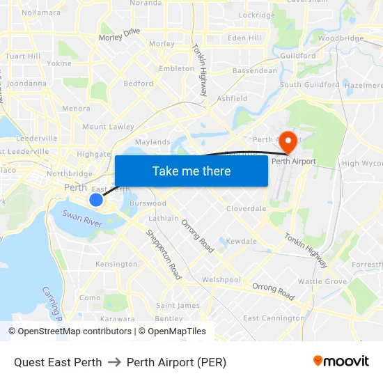 Quest East Perth to Perth Airport (PER) map