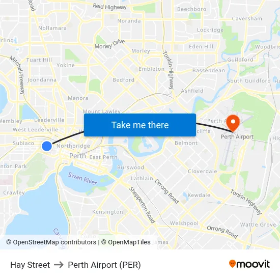 Hay Street to Perth Airport (PER) map