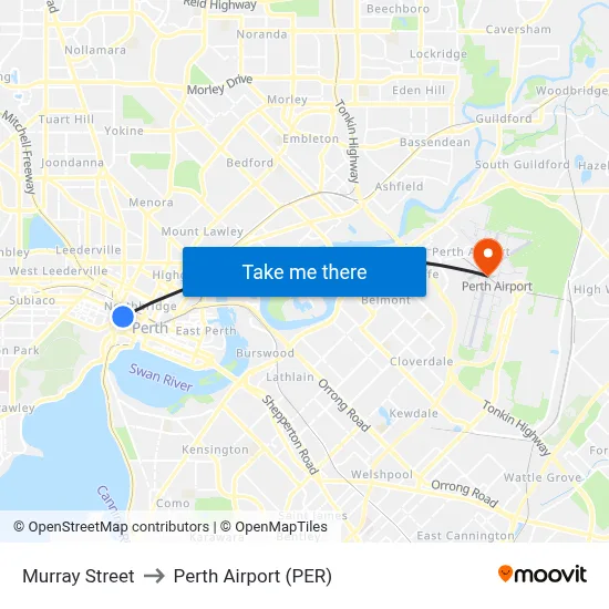 Murray Street to Perth Airport (PER) map