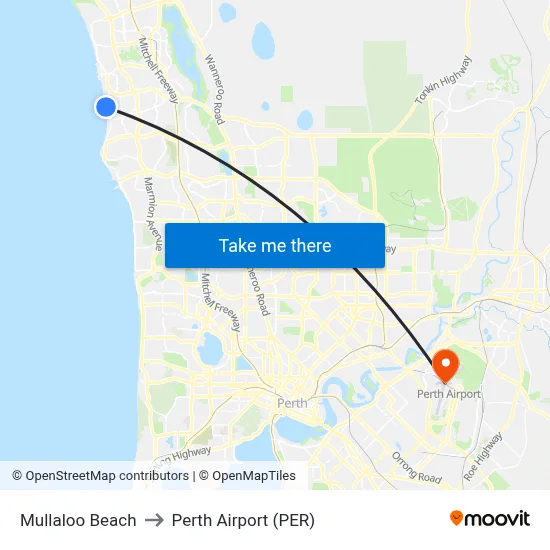 Mullaloo Beach to Perth Airport (PER) map