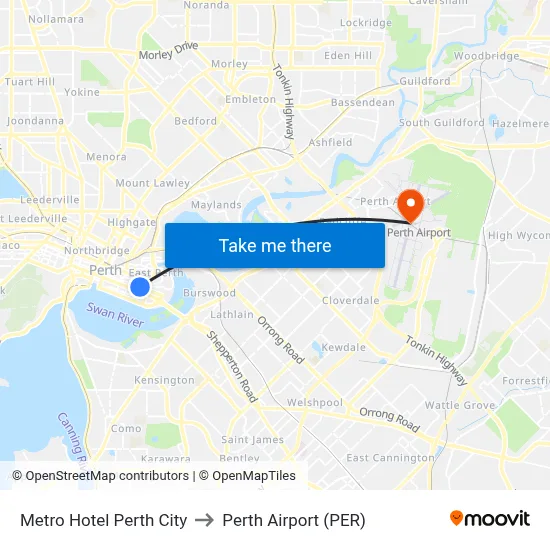 Metro Hotel Perth City to Perth Airport (PER) map