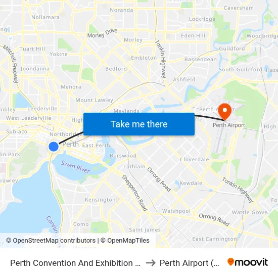 Perth Convention And Exhibition Centre to Perth Airport (PER) map