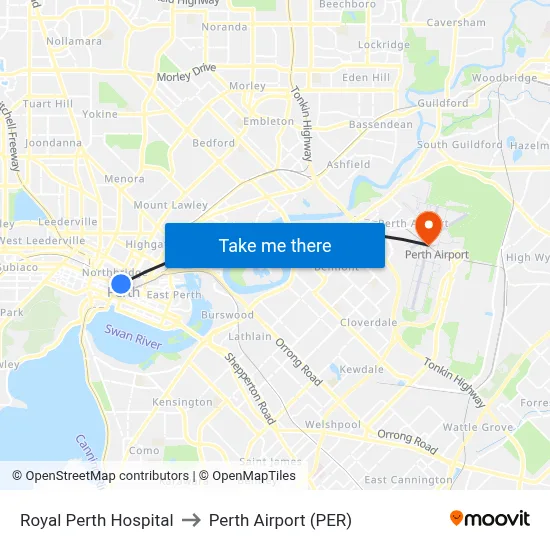 Royal Perth Hospital to Perth Airport (PER) map