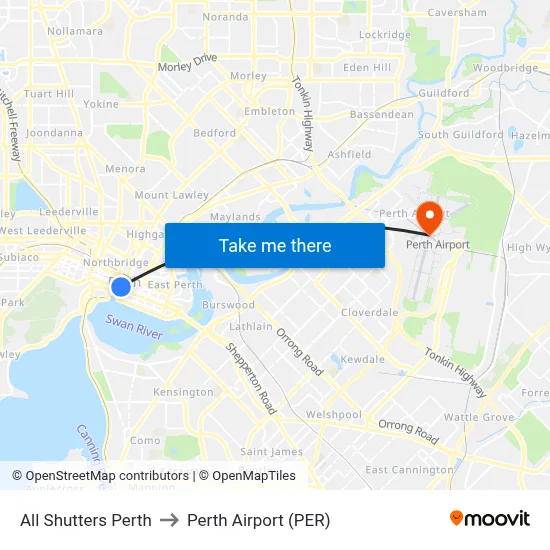 All Shutters Perth to Perth Airport (PER) map