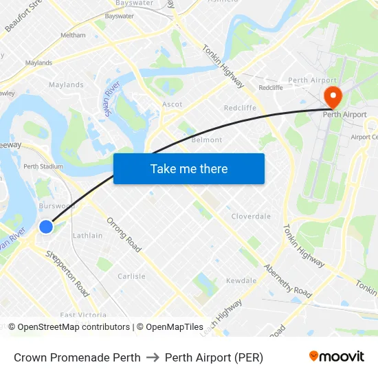 Crown Promenade Perth to Perth Airport (PER) map