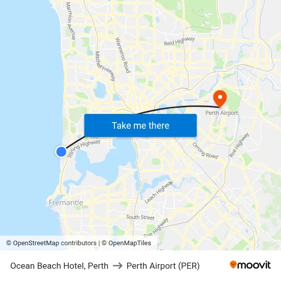 Ocean Beach Hotel, Perth to Perth Airport (PER) map