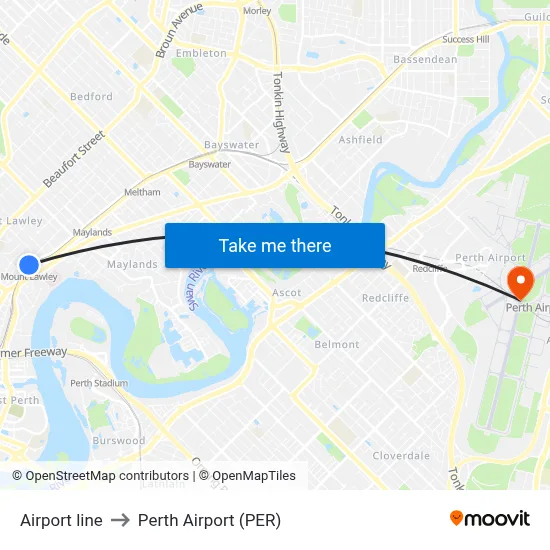 Airport line to Perth Airport (PER) map