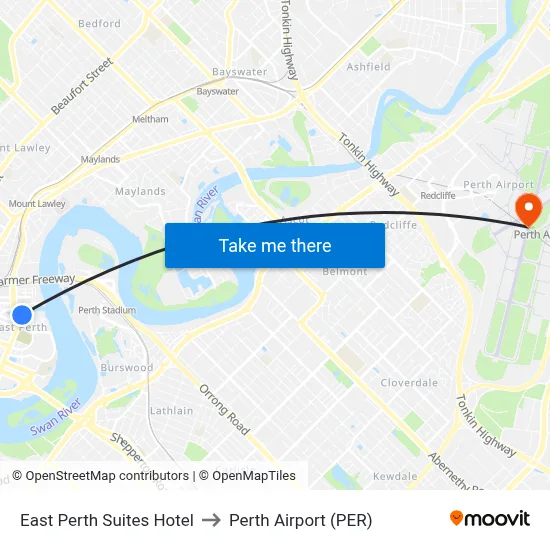 East Perth Suites Hotel to Perth Airport (PER) map