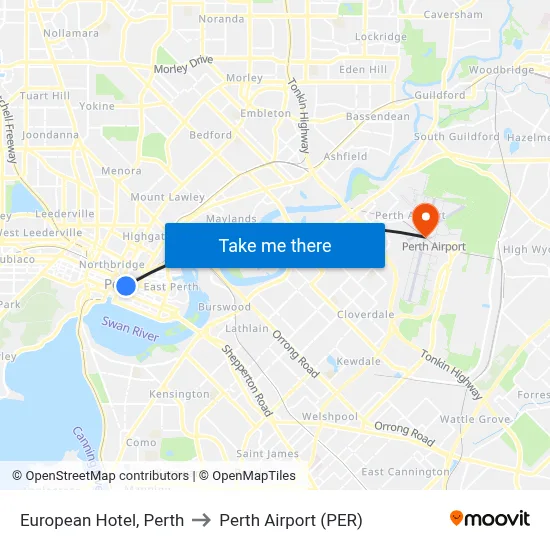 European Hotel, Perth to Perth Airport (PER) map