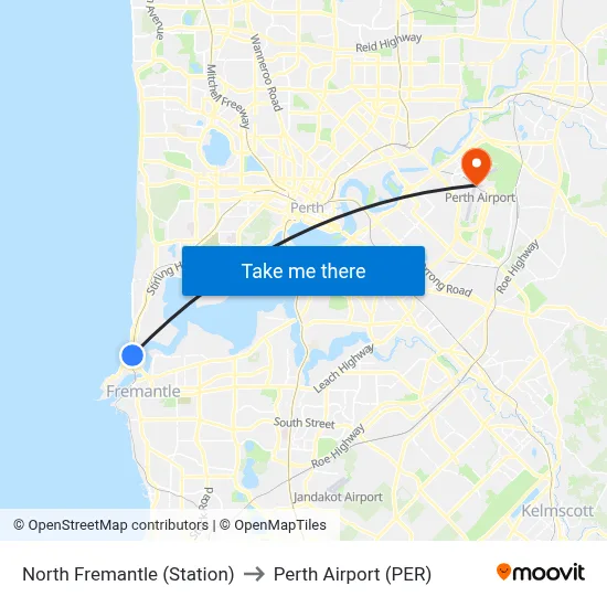 North Fremantle (Station) to Perth Airport (PER) map