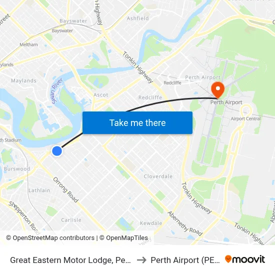 Great Eastern Motor Lodge, Perth to Perth Airport (PER) map