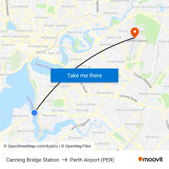 Canning Bridge Station to Perth Airport (PER) map