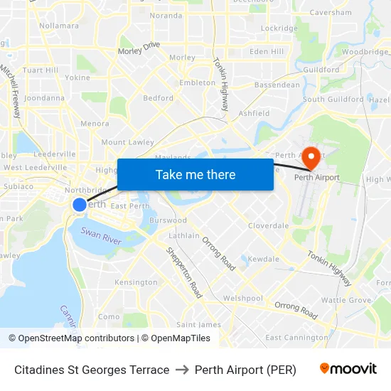 Citadines St Georges Terrace to Perth Airport (PER) map