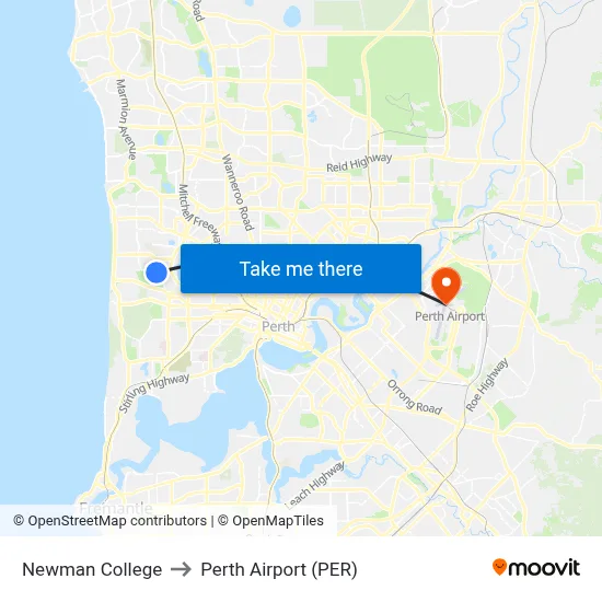 Newman College to Perth Airport (PER) map