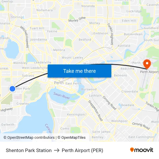 Shenton Park Station to Perth Airport (PER) map