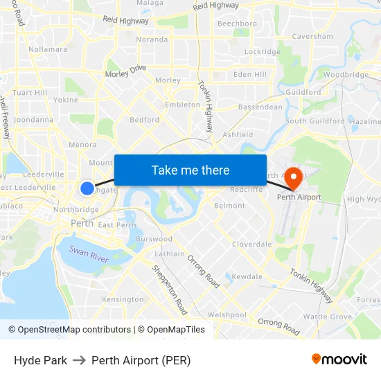 Hyde Park to Perth Airport (PER) map