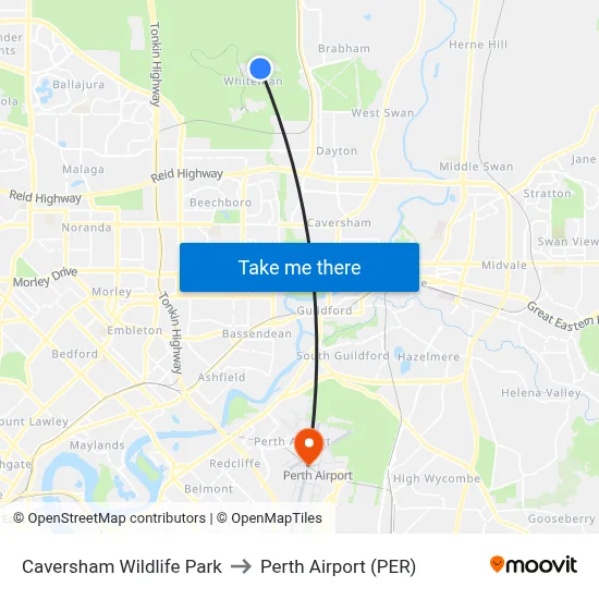 Caversham Wildlife Park to Perth Airport (PER) map