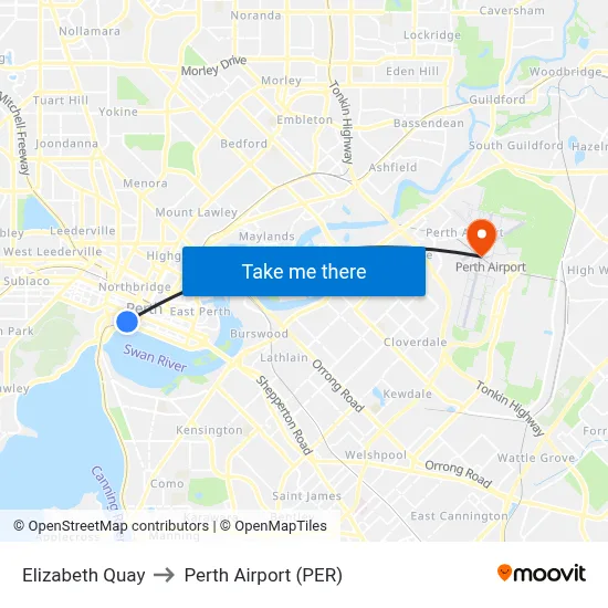 Elizabeth Quay to Perth Airport (PER) map