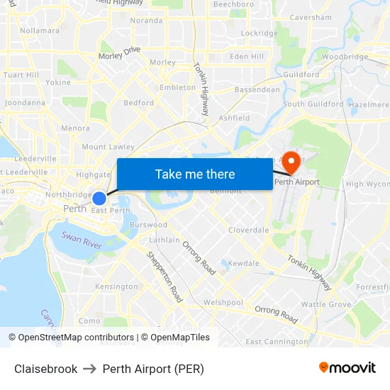 Claisebrook to Perth Airport (PER) map