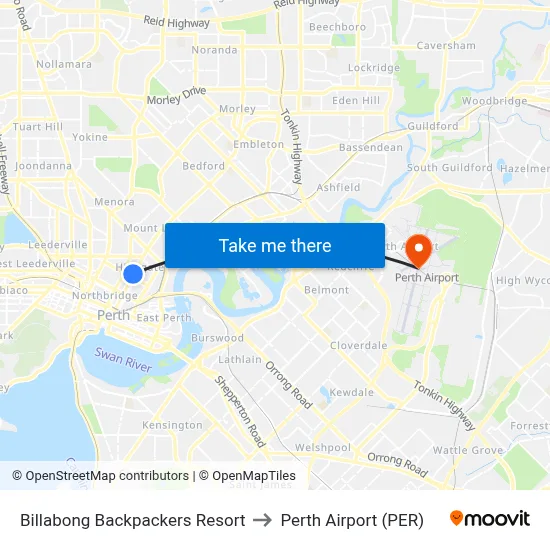 Billabong Backpackers Resort to Perth Airport (PER) map
