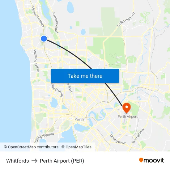 Whitfords to Perth Airport (PER) map