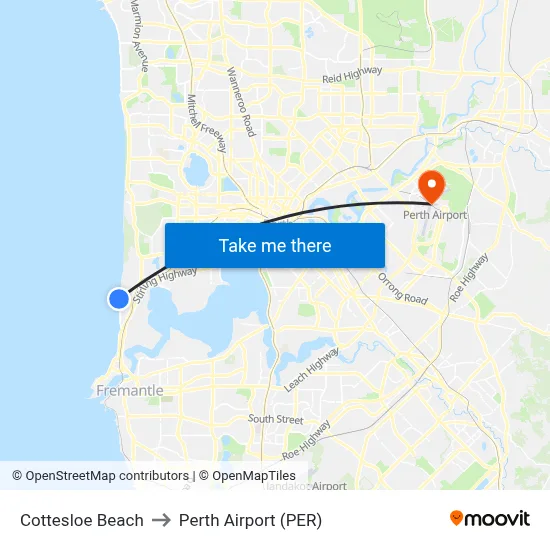 Cottesloe Beach to Perth Airport (PER) map