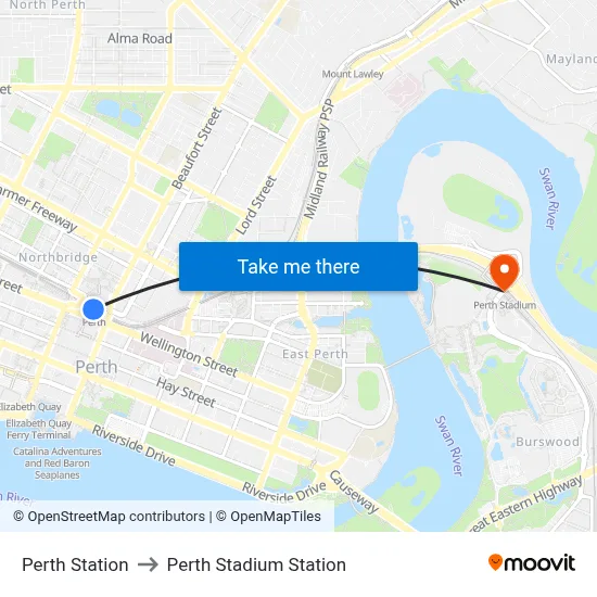 Perth Station to Perth Stadium Station map