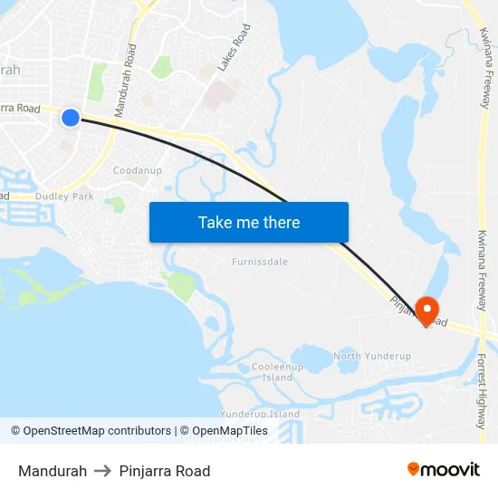 Mandurah to Pinjarra Road map