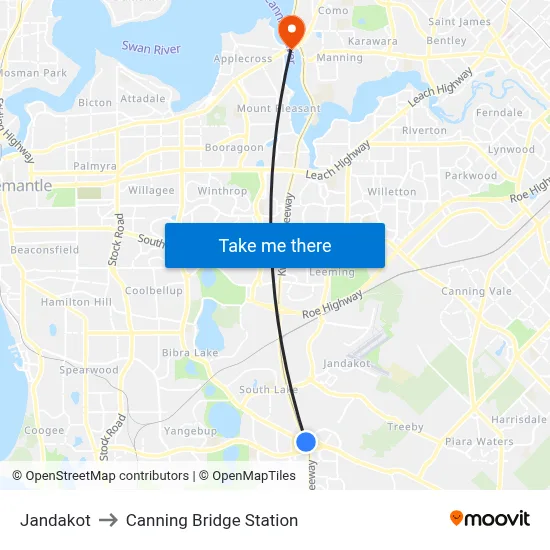 Jandakot to Canning Bridge Station map
