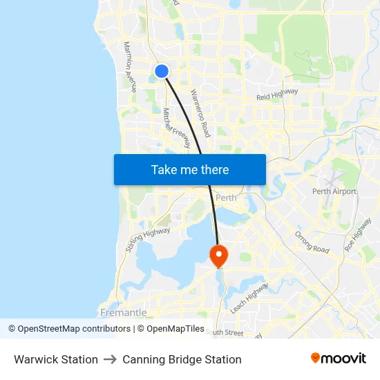 Warwick Station to Canning Bridge Station map