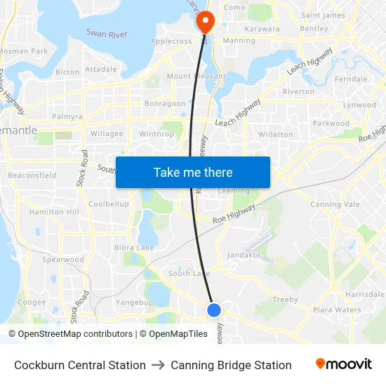 Cockburn Central Station to Canning Bridge Station map