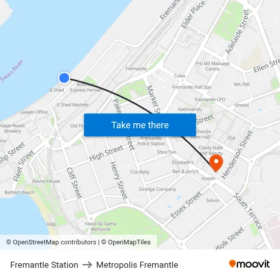 Fremantle Station to Metropolis Fremantle map