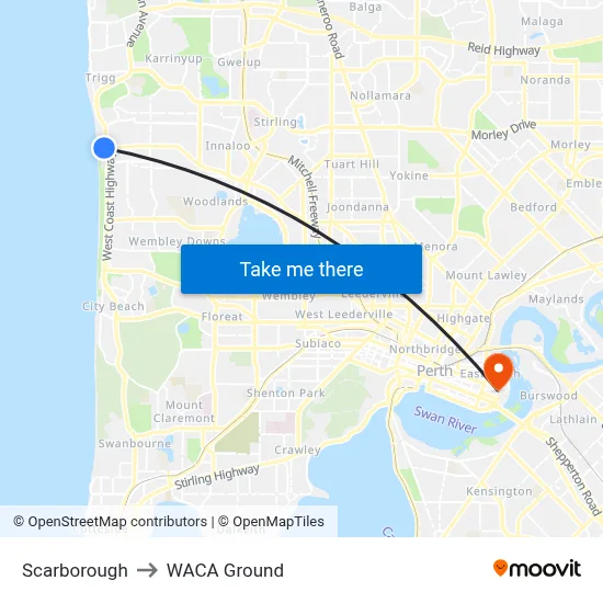 Scarborough to WACA Ground map