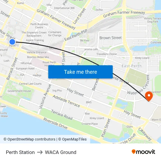 Perth Station to WACA Ground map