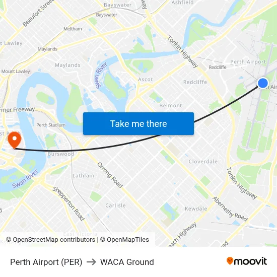 Perth Airport (PER) to WACA Ground map