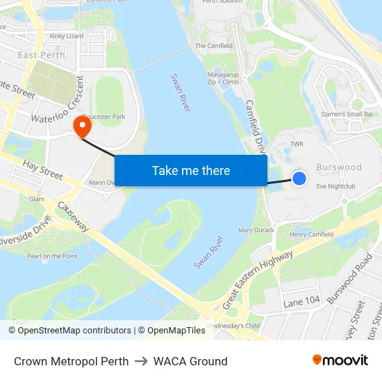 Crown Metropol Perth to WACA Ground map