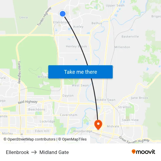 Ellenbrook to Midland Gate map