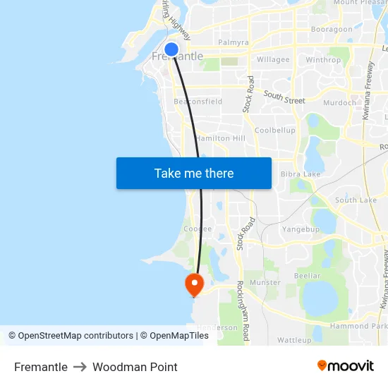 Fremantle to Woodman Point map