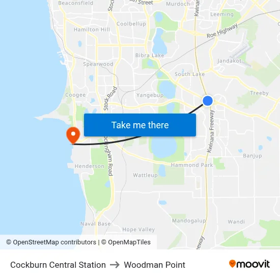 Cockburn Central Station to Woodman Point map