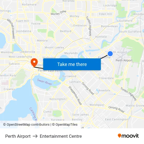 Perth Airport to Entertainment Centre map