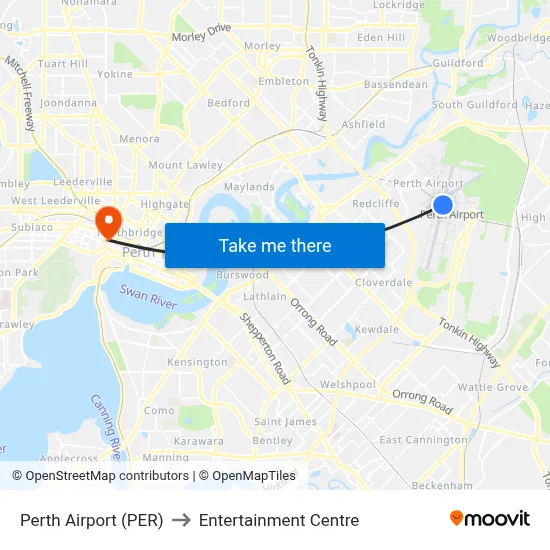 Perth Airport (PER) to Entertainment Centre map