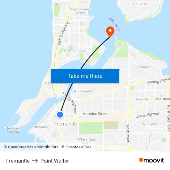 Fremantle to Point Walter map