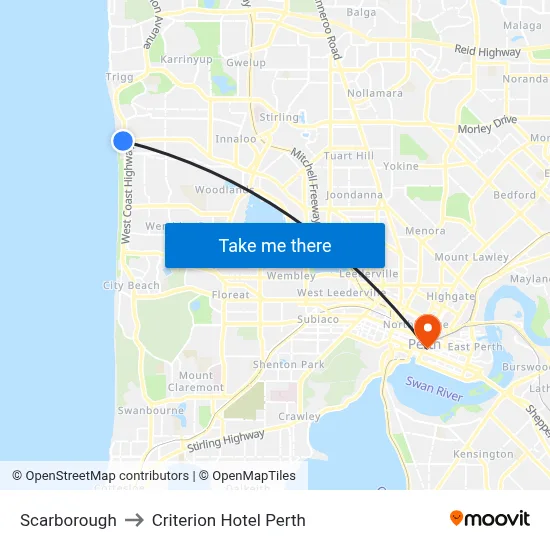 Scarborough to Criterion Hotel Perth map