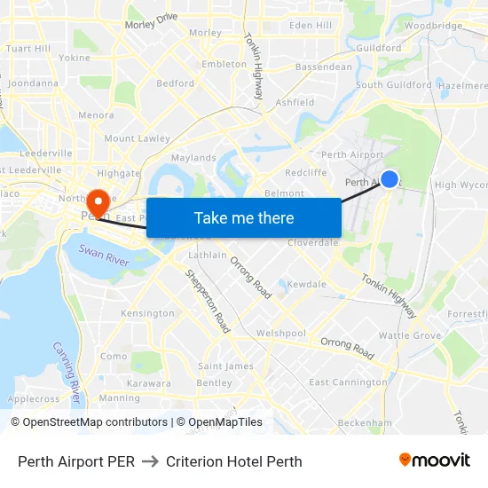 Perth Airport PER to Criterion Hotel Perth map