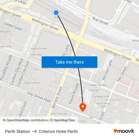 Perth Station to Criterion Hotel Perth map