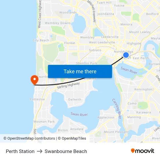 Perth Station to Swanbourne Beach map