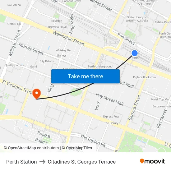Perth Station to Citadines St Georges Terrace map