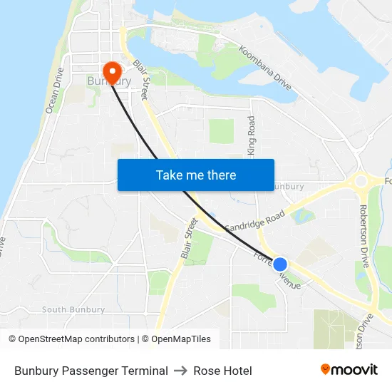 Bunbury Passenger Terminal to Rose Hotel map