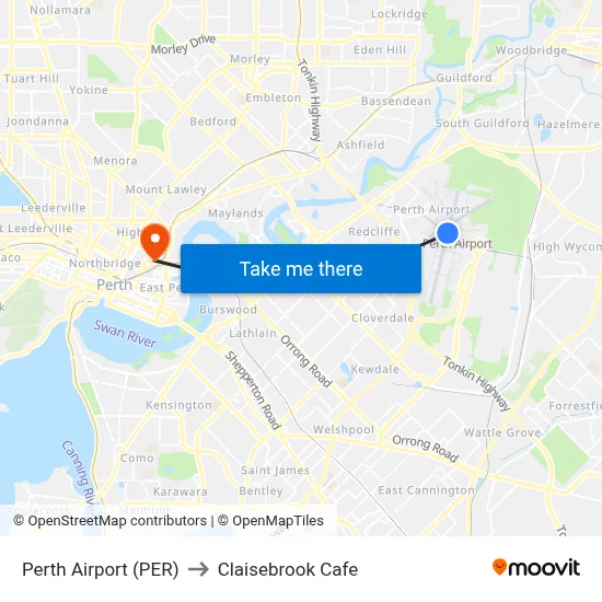 Perth Airport (PER) to Claisebrook Cafe map