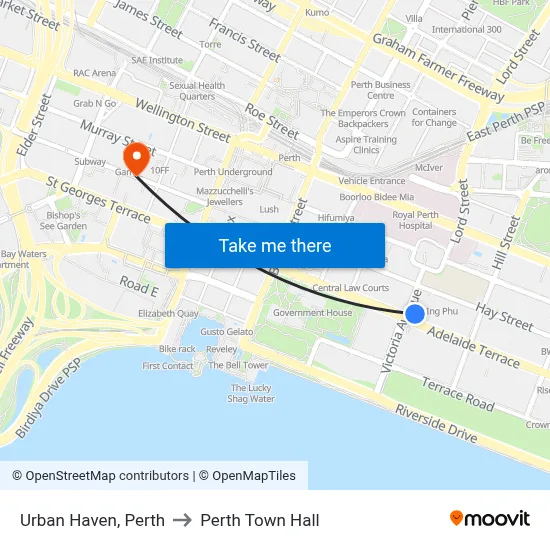 Urban Haven, Perth to Perth Town Hall map